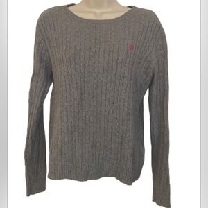 VTG Y2K IZOD Sweater Women's L Cable Knit Gray Pink Logo Preppy Academia Classic